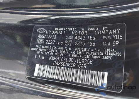 2013 Hyundai Genesis 2.0T Premium из США, поврежденный, VIN KMHHT6KD9DU109256